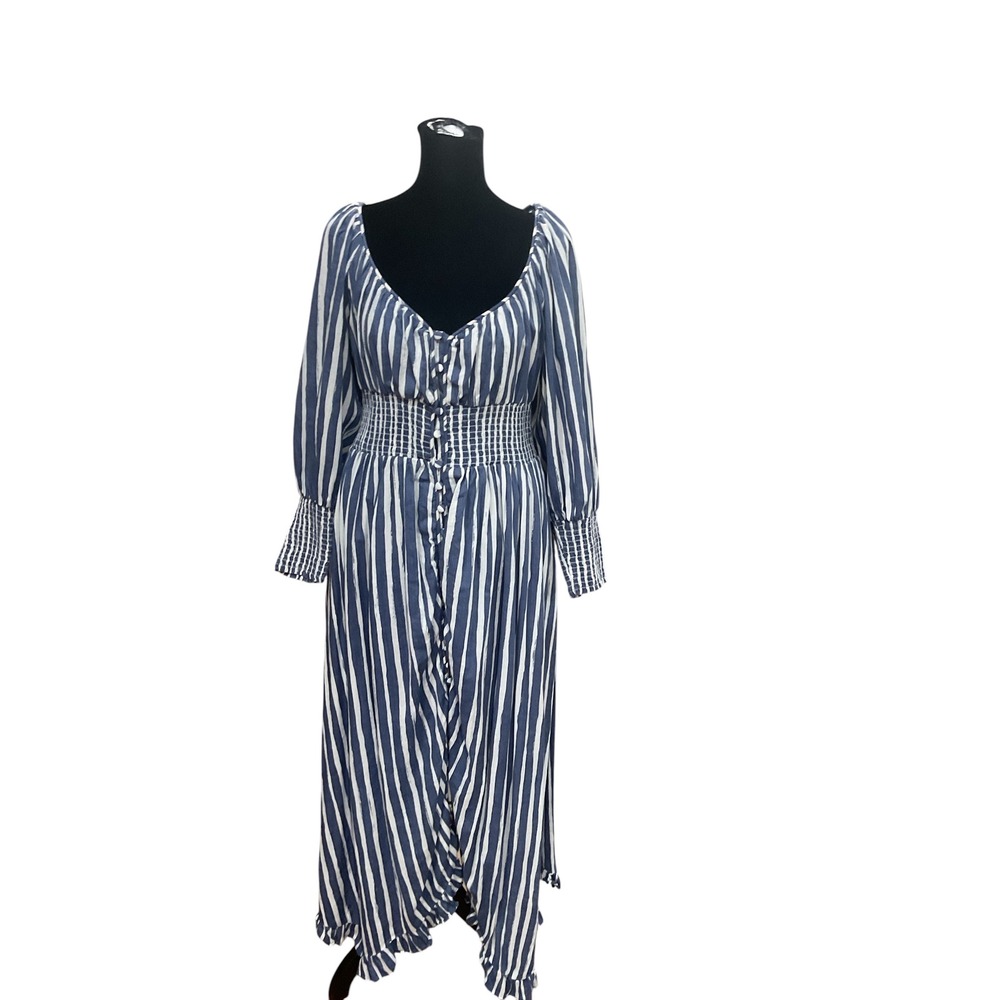 Anthropologie Blue White Striped Smocked Waist Button Front Midi Dress Large